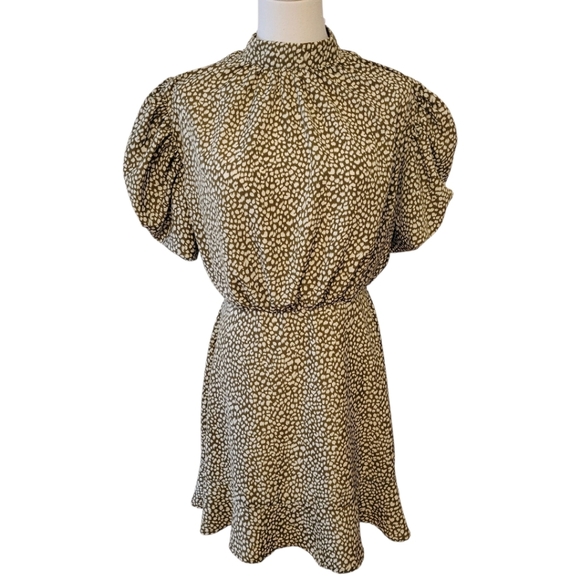 AX Paris Olive Green Print Puff Sleeve Dress Size 8 - Picture 2 of 6